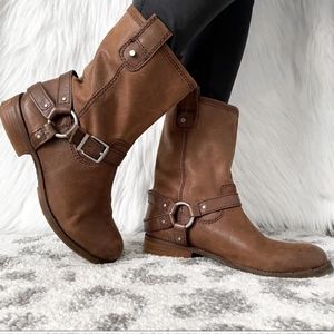 Gianni Bini Leather Harness Moto Boot Brown Mid Calf